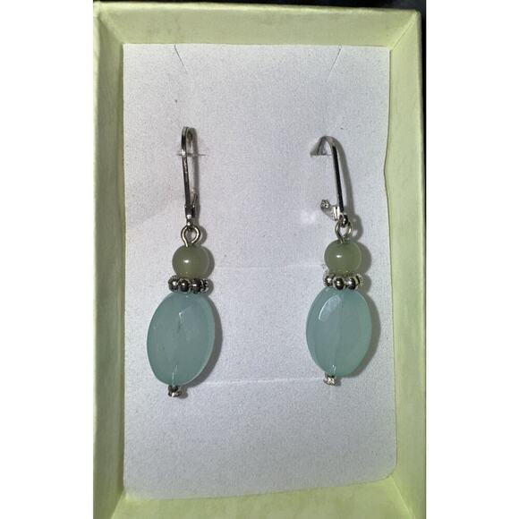 EARRINGS VTG Dangle Drop W/Green & Silver Stones/Bead On Silver Lever Back Clasp - Picture 4 of 5